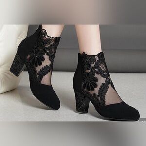 Black Lace Embroidered Ankle Booties | Chunky Heel | Romantic Style
